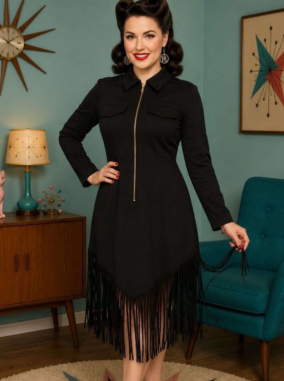 Black Fringe Zip-Front Women's Dress
